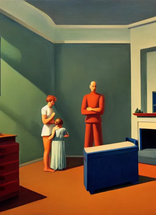 Image similar to painting of a family building getting lectured by a very large alien in their suburban living room, energetic orbs in the air, in the style of edward hopper