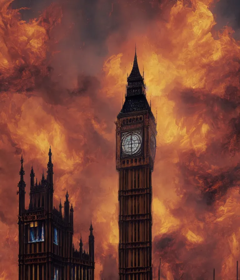 Image similar to a beautiful hyperrealistic detailed 3D render of big ben burning, by Anton Otto Fischer, Atey Ghailan, genzoman, unreal engine, octane render, gigantic, 3D, brilliantly coloured, intricate, ultra wide angle, trending on artstation, embers, smoke, dust, dusk, volumetric lighting, HDR, polished, micro details, ray tracing, 8k