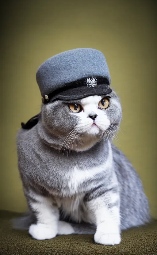 Prompt: portrait photo of scottish fold cat wearing a military hat, pure grey fur, highly detailed, high resolution, cosplay photo, stunning, bokeh soft, trending on instagram, by professional photographer, soldier clothing, military uniform, shot with a canon