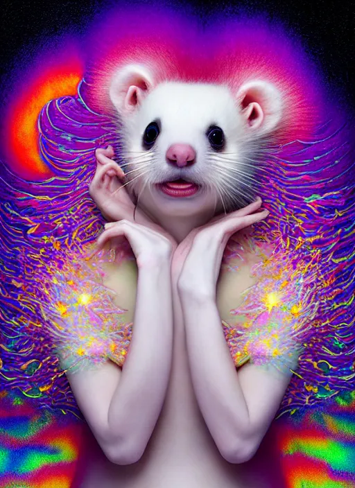 Image similar to hyper detailed 3d render like a Oil painting - kawaii portrait Aurora (white haired Singer Ferret) seen Eating of the Strangling network of yellowcake aerochrome and milky Fruit and Her delicate Hands hold of gossamer polyp blossoms bring iridescent fungal flowers whose spores black the foolish stars by Jacek Yerka, Mariusz Lewandowski, Houdini algorithmic generative render, Abstract brush strokes, Masterpiece, Edward Hopper and James Gilleard, Zdzislaw Beksinski, Mark Ryden, Wolfgang Lettl, hints of Yayoi Kasuma, octane render, 8k