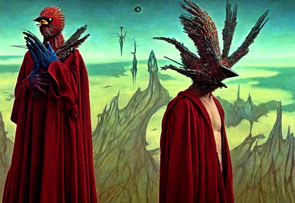 Image similar to realistic detailed portrait movie still of a birdman wearing dark robe, sci fi landscape background by denis villeneuve, amano, yves tanguy, alejandro jodorowsky, alphonse mucha, max ernst, ernst haeckel, roger dean, masterpiece, rich moody colours, snarling dog teeth