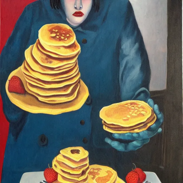 Image similar to tall emo female artist holding pancakes, in chippendale sydney, maple syrup, gold bullion, berries, pigs, octopus, acrylic on canvas, surrealist, by magritte and monet