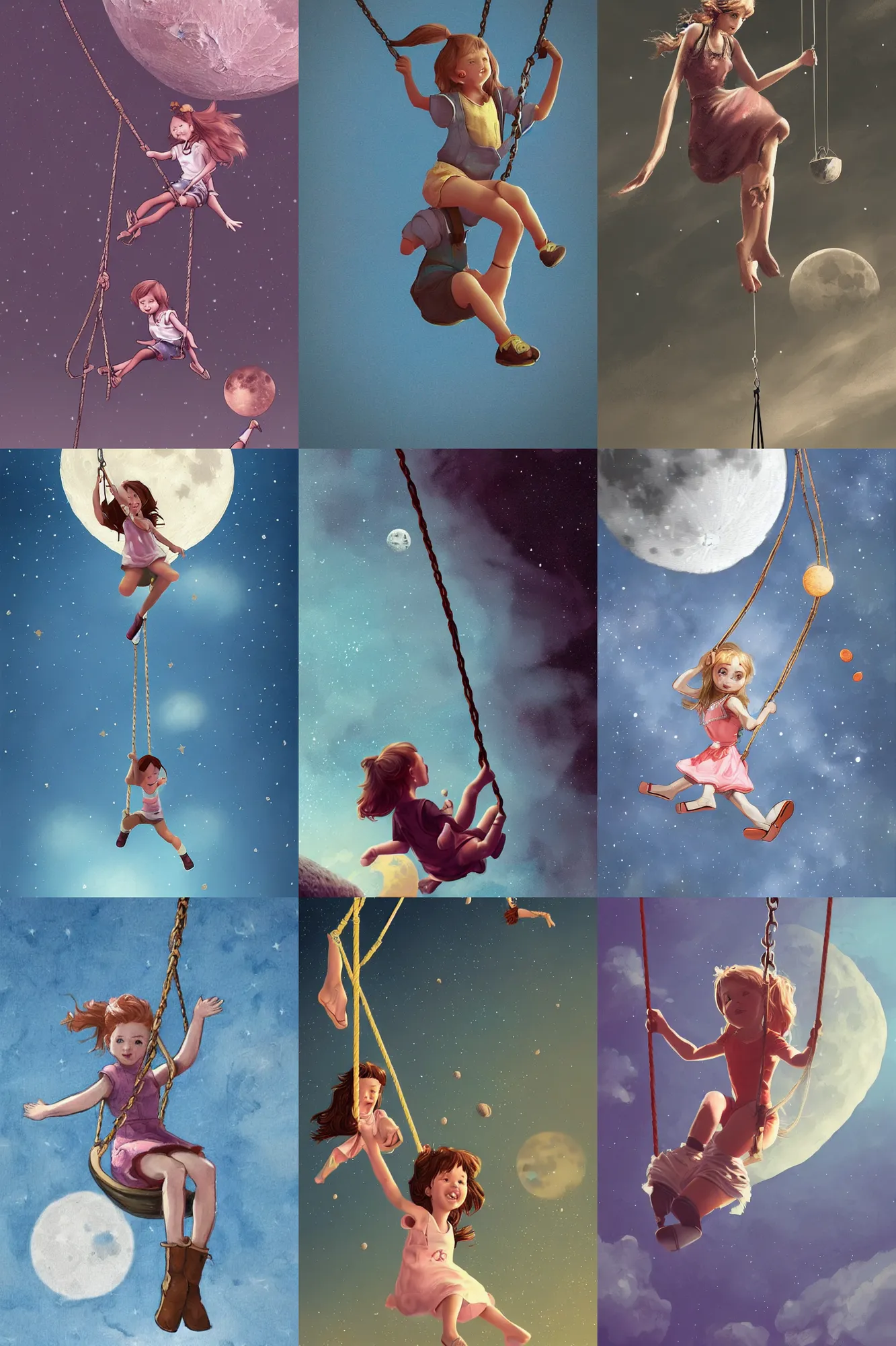 Prompt: girl swinging on a swing attached to the moon, highly detailed, artstation,