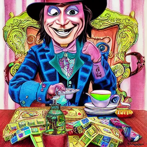 Prompt: whimsical pixar Johnny Depp drinking tea in alice in wonderland Willy Wonka's Chocolate Factory, Illustration, Colorful, insanely detailed and intricate, super detailed, by Lulu Chen