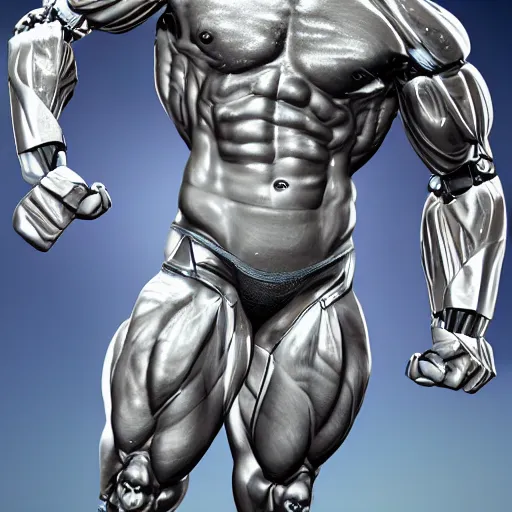 Image similar to a realistic detailed photo of a bodybuilder who is also a male android, Chris Redfield, shiny skin, posing robotically. blank stare