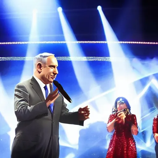 Prompt: benjamin netanyahu singing in the eurovision in front of a band, stage lighting, sharp focus, highly detailed