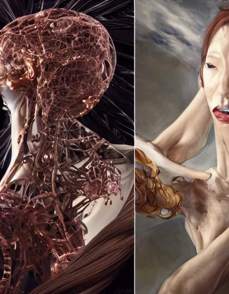Prompt: still frame from Prometheus movie by Makoto Aida, cyborg with life within by Iris van Herpen painted by Caravaggio and by Yoshitaka Amano by Yumihiko Amano by Makoto Aida
