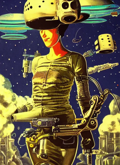 Image similar to a Raypunk painting of a woman holding a raygun, UFOs in the background, life like, intricate detail, 4K HD