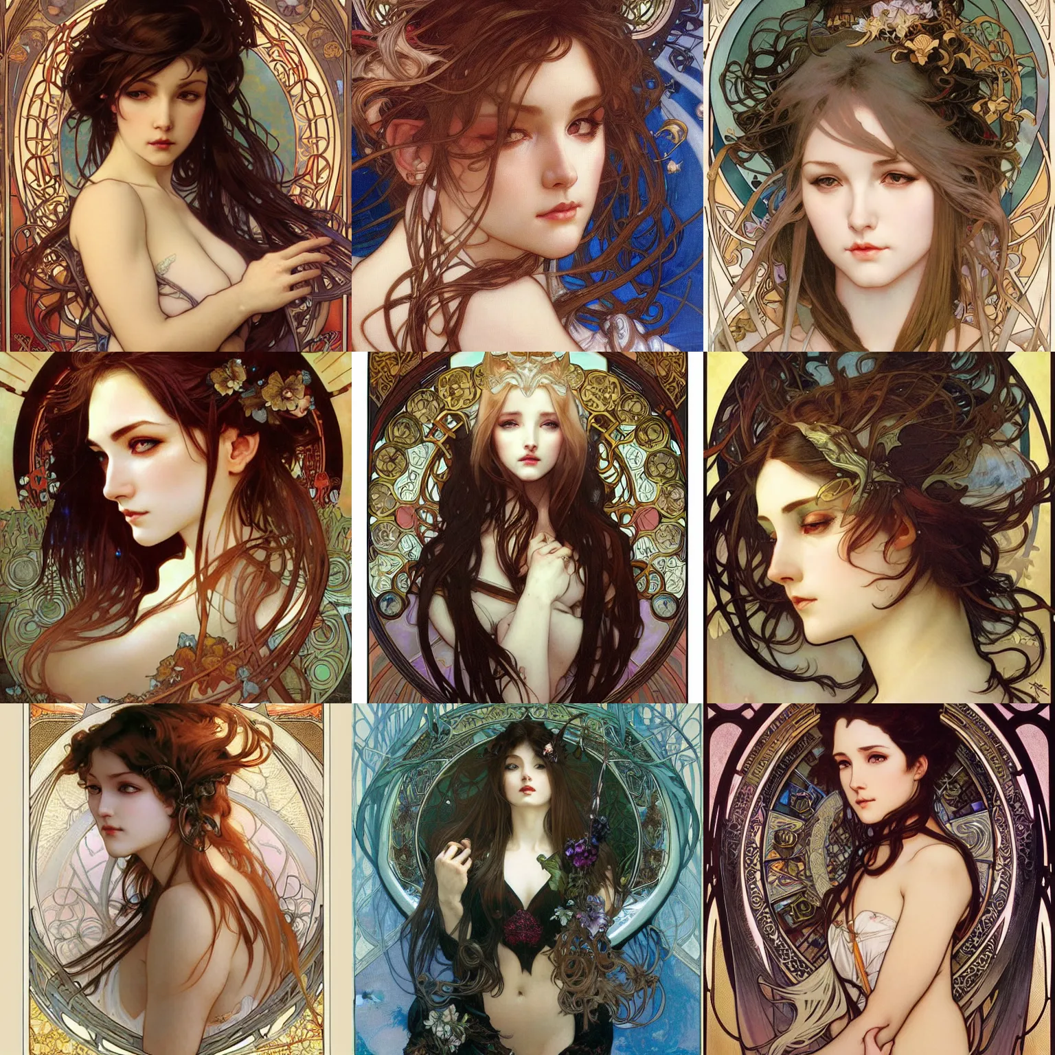 Prompt: realistic detailed face portrait of a Ahri by Alphonse Mucha, Ayami Kojima, Amano, Charlie Bowater, Karol Bak, Greg Hildebrandt, Jean Delville, and Mark Brooks, Art Nouveau, Neo-Gothic, gothic, rich deep moody colors