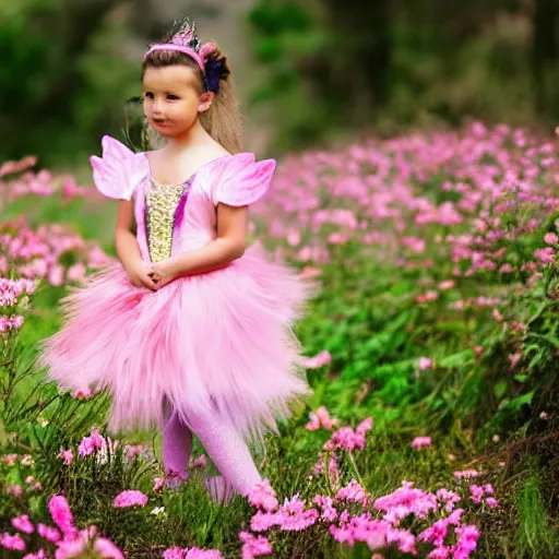 Image similar to a young girl dressed up as fairy in front of some pink flowers