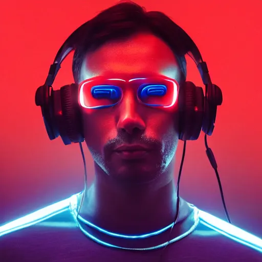 Prompt: a man, in red and blue spotlights, holds on to the headphones on his head, he wears dark visors, cyber songman, cyberpunk style portrait