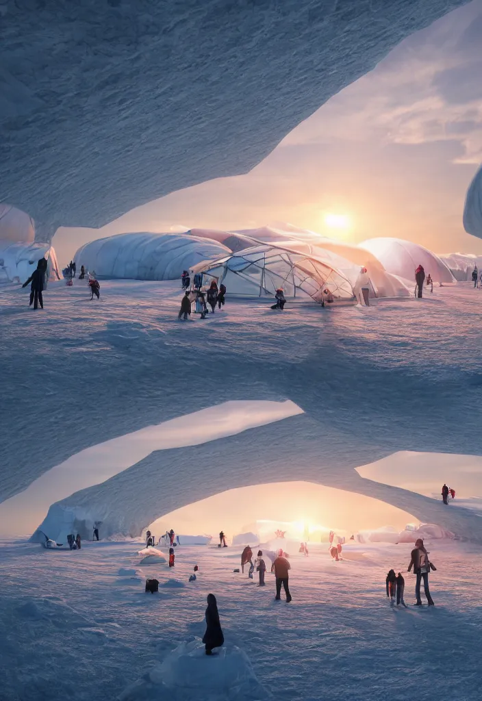 Image similar to Multiple tunnels in antartica with a transparent roof that shows a beautiful sunset, multiple people in the tunnels around campfires and futuristic igloos, facinating, fantasy digital art, octane render, beautiful composition, trending on artstation, award-winning photograph, masterpiece