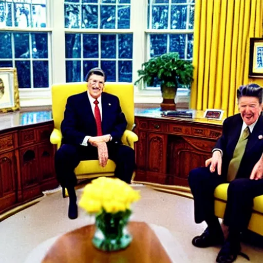 Image similar to a minion meeting president ronald reagan, zoom photograph, oval office,