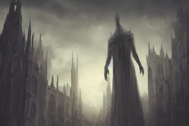 Image similar to A giant creature standing above a gothic city, digital painting, soft lighting, moody, high detail