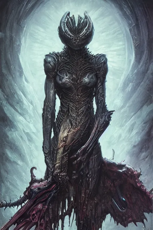 Image similar to portrait of samus metroid by hr giger, greg rutkowski and wayne barlowe as a diablo, dark souls, bloodborne monster, veiled necromancer lich bride