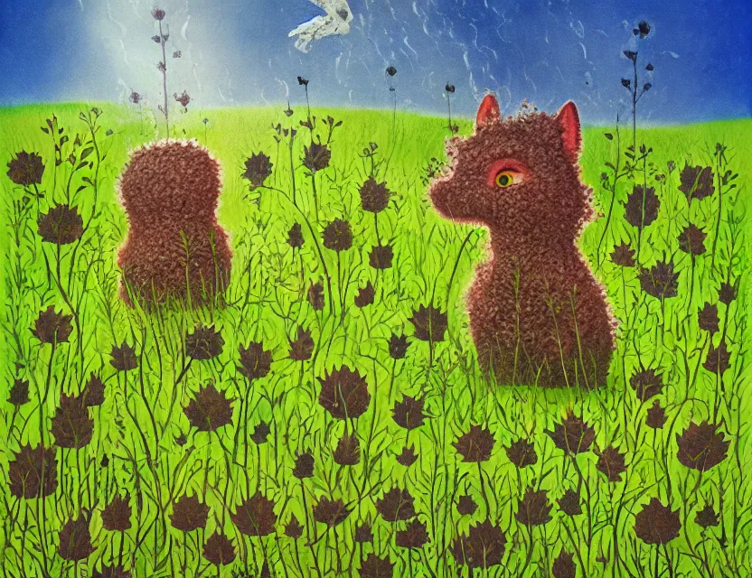 Prompt: feral chia pet in the meadow. russian fairytale art, gouache, dynamic composition, backlighting