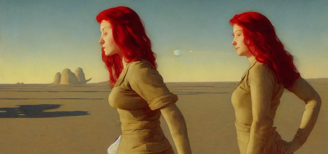 Prompt: portrait of a nurse with long red hair, blazing sun, in a huge desert, sci - fi space ship in far left side of image by emile friant and moebius