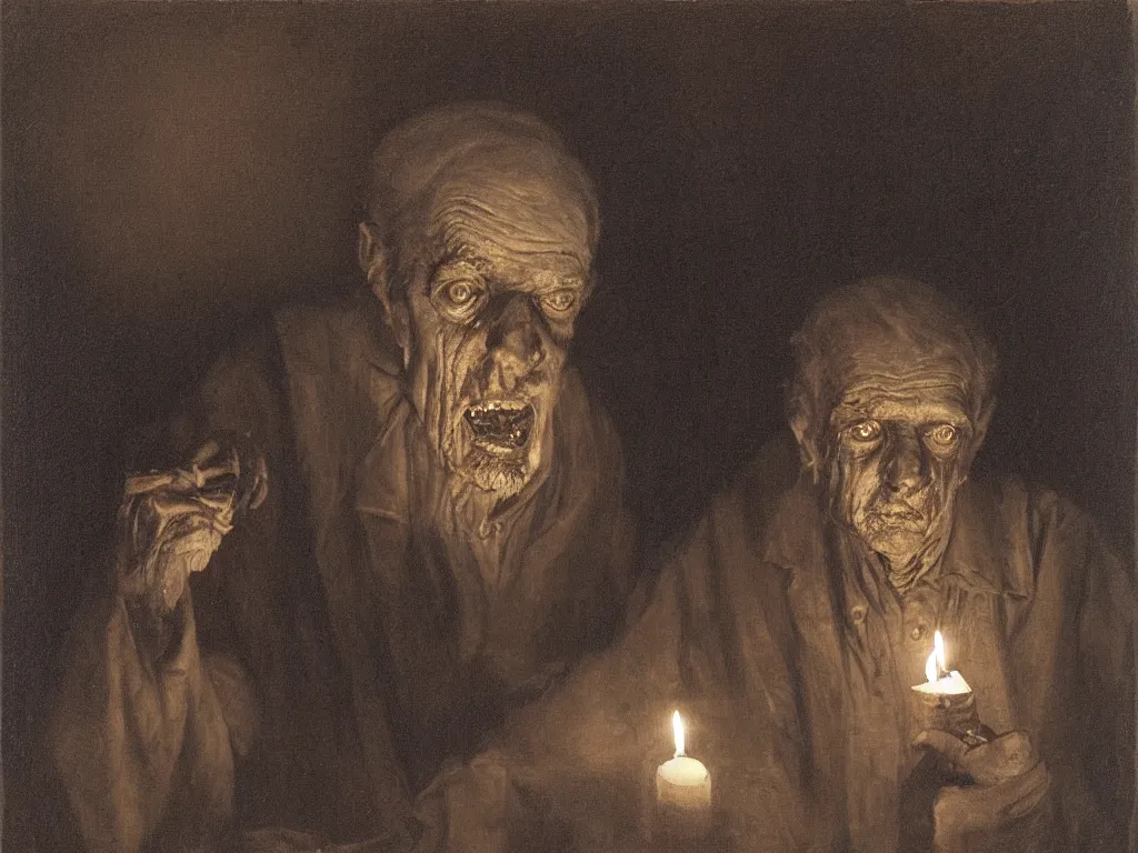 Prompt: Expressive portrait of an elderly zombie. Candlelight. Painting by Gustave Dore, August Sander