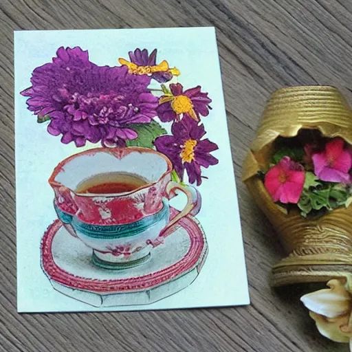 Prompt: postcard with cup of tea, flowers and wishes of an excellent day