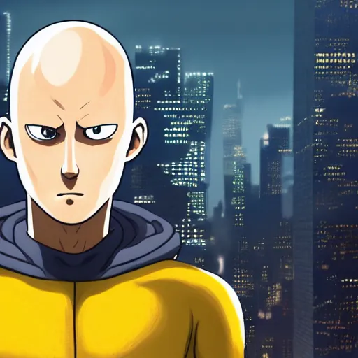 Image similar to very detailed full body concept character portrait illustration of saitama in new york city doing an action pose, action scene, digital illustration, concept art, matte painting, digital painting, illustration, amazing value control, 8 k, ultra detailed, in the style of sony pictures animation, minimal artifacts, rubber suit, graphic style