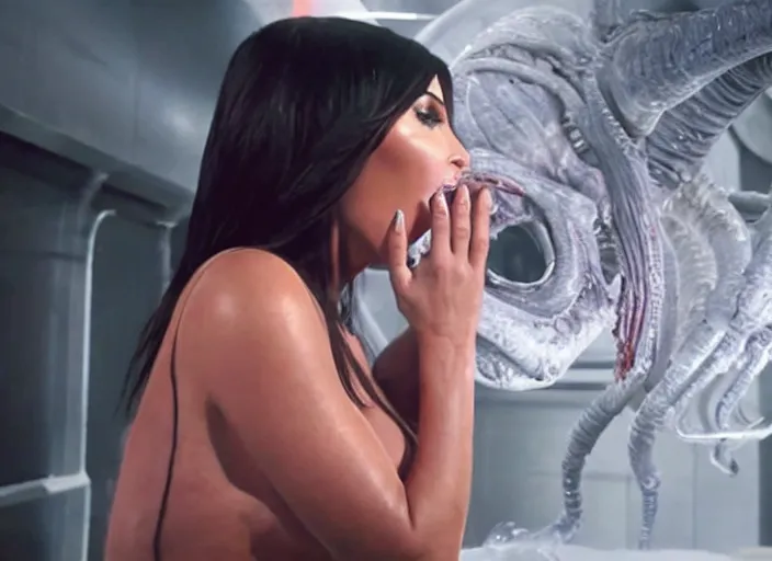 Image similar to film still of kim kardashian being ingested by an xenomorph, alien goo, transparent goo, transparent liquid, saliva, 8 k