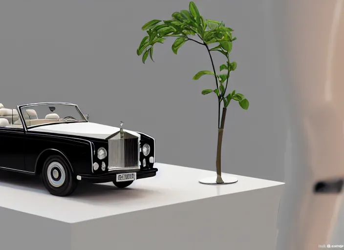 Image similar to a small miniature of a Rolls Royce Corniche Cabrio on a white table near a vase with a plant, 3d render, octane render, unreal engine 5, path tracing, serene landscape, calm, relaxing, beautiful landscape, highly detailed, high quality, 4k, symmetrical, low contrast