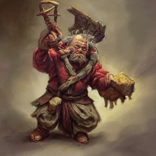 Prompt: “dnd dwarf, carrying big sack, by paul bonner”