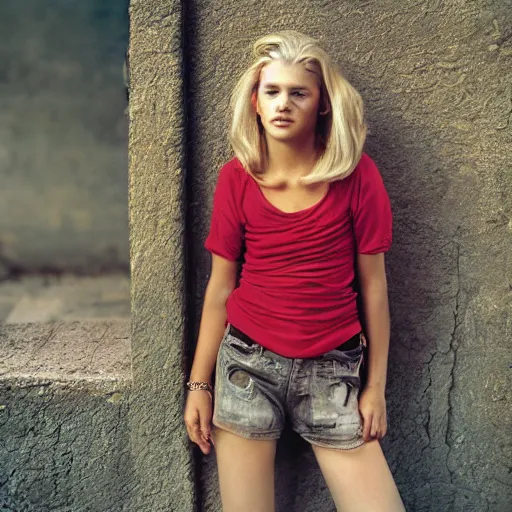 Image similar to photograph by steve mccurry of blonde female in her twenties wearing designer top