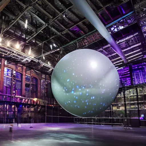 Prompt: high quality professional canon wide - angle lens photo of large scale immersive public art installation inside printworks london venue width lsingle big suspended sphere with space liquid planet visuals projected on it. rich colors, high contrast, gloomy atmosphere, dark background. trending on artstation.