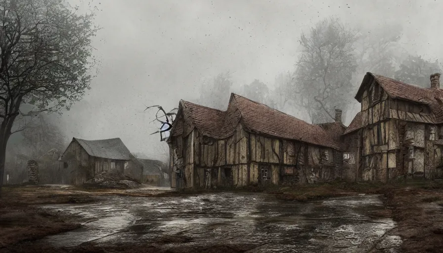 Image similar to Emply abandoned medieval village at rainy day, grey sky, muddy road, damaged wooden house, sad feeling, hyperdetailed, artstation, cgsociety, 8k
