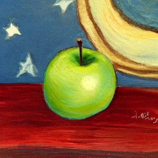 Prompt: blue apple in a fruit bowl on a starry night