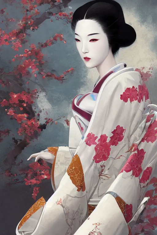 Image similar to the oriental female bionic artificial intelligence geisha in kimono is white, tender and beautiful. behind it is a japanese tatami room painted with a wave ukiyo screen, game character concept art, wide view, high detailed, craig mullins, peter mohrbacher, unreal engine, 8 k, dark beauty, trending on artstation
