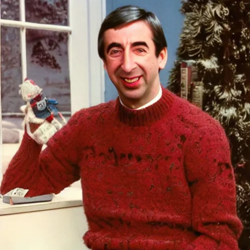 Image similar to mister rodgers in a bloodstained sweater