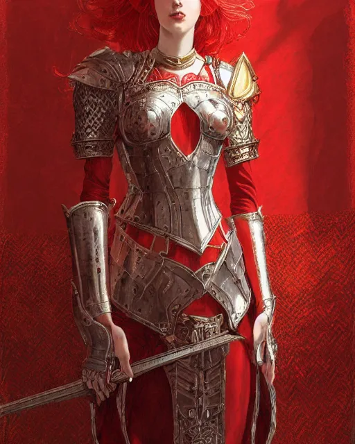 Image similar to redhead queen knight in heavy red armor, inside grand hall in castle with rococo aesthetic, intimidating, high fantasy, intricate detail, digital painting, artstation, concept art, smooth, sharp focus, illustration, art by yoshitaka amano and monia merlo and wlop, masterpiece.