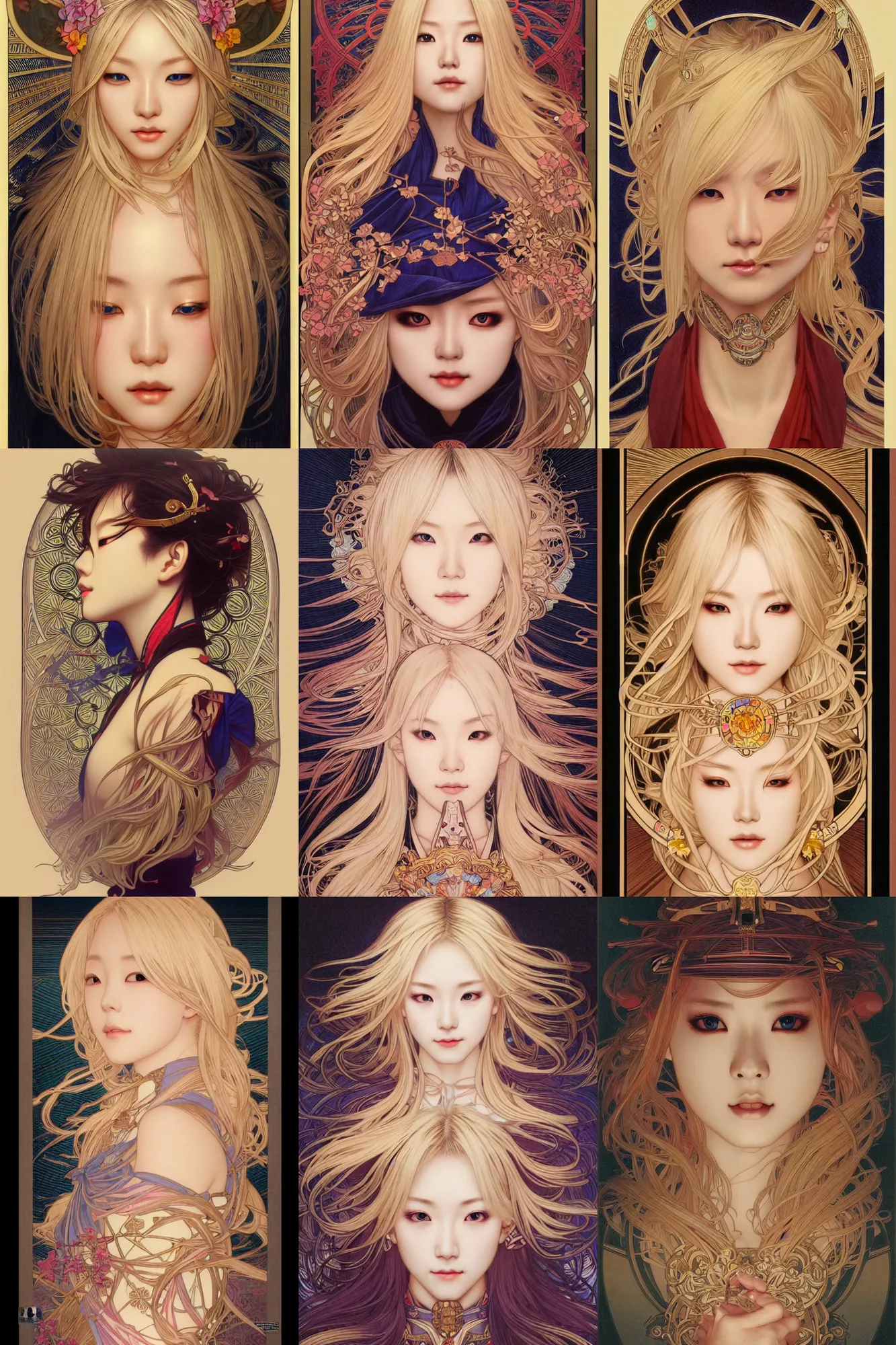 Prompt: japanese blonde curator, night, museum, 4 k, ultra realistic, beautiful eyes, epic lighting, machines, high detail, masterpiece, trending on artstation by artgerm and akihito tsukushi and alphonse mucha, crayons