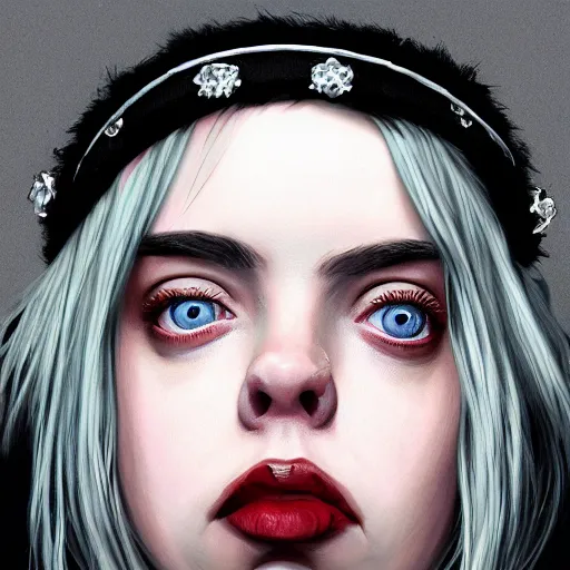 Image similar to portrait of Billie Eilish wearing a crown, dramatic lighting, detailed, very realistic, trending on Artstation, Cgsociety