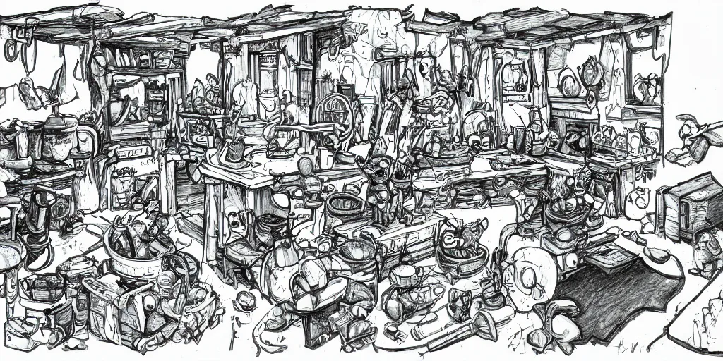 Prompt: high detailed drawing of smurfs and long white bones black and white, tables, tools, leaking oil, line art, pen & ink drawing