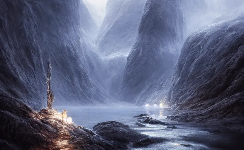 Image similar to Norwegian fjord, hyperrealistic mixed media, stunning 3d render inspired art by P. Craig Russell and Barry Windsor-Smith + dim volumetric lighting, 8k octane beautifully detailed render, post-processing, extremely hyperdetailed, epic composition, grim yet sparkling atmosphere, cinematic lighting + masterpiece, trending on artstation