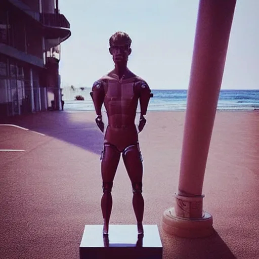 Image similar to “ a realistic detailed photo of a guy who is an attractive humanoid who is half robot and half humanoid, who is a male android, soccer player antoine griezmann, shiny skin, posing like a statue, blank stare, at the beach, on display ”