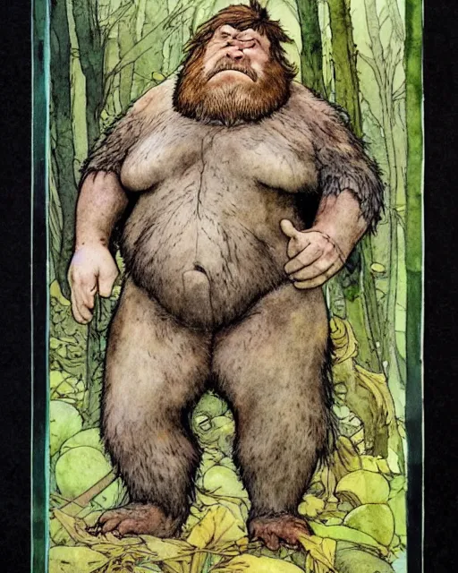 Image similar to a realistic and atmospheric watercolour fantasy character concept art portrait of a short fat bigfoot in the forest. by rebecca guay, michael kaluta, charles vess and jean moebius giraud