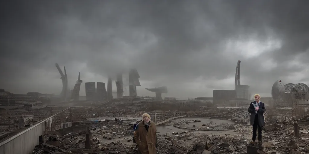 Image similar to a color photograph of Boris Johnson standing in front a nuclear landscape of the southbank centre in london, the london eye and big ben are still standing, collapsed brutalist architecture, groups of human figures stagger amongst the ruins, fog, dust atmosphere, brooding clouds, mushroom cloud, detailed, 4k, Fallout, postapocalyptic