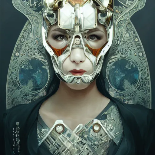 Image similar to a cyborg empress with mask, art nouveau ivory accessories, cyberpunk, darksynth, luxury, concept art by jama jurabaev, extremely detailed, ominous, ethereal, artstation, andree wallin, edvige faini, balaskas, alphonse mucha, symmetry