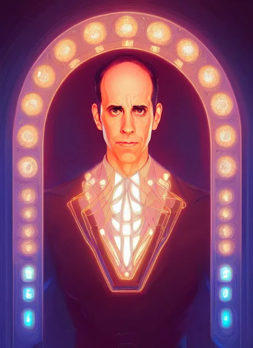 Image similar to symmetry!! portrait of seinfeld, glowing lights!! intricate, elegant, highly detailed, digital painting, artstation, concept art, smooth, sharp focus, illustration, art by artgerm and greg rutkowski and alphonse mucha