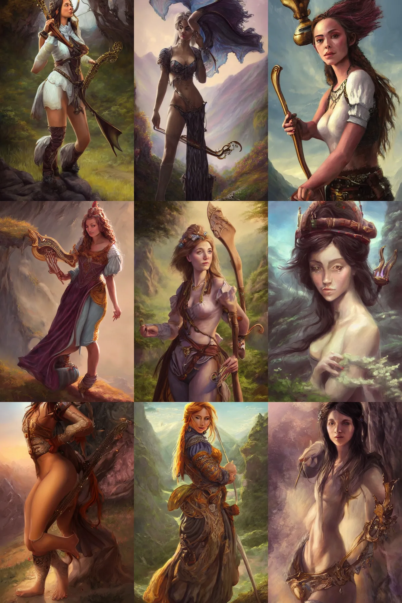 Image similar to a full body high detail fantasy portrait oil painting illustration of a single beautiful bard woman by justin sweet with face and body clearly visible, in a scenic background, pretty eyes, realistic proportions, d & d, rpg, forgotten realms, artstation trending, high quality, sombre mood, artstation trending, muted colours, entire person visible!