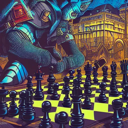 Image similar to a soldier overshadowed by giant chess pieces, artwork by dan mumford