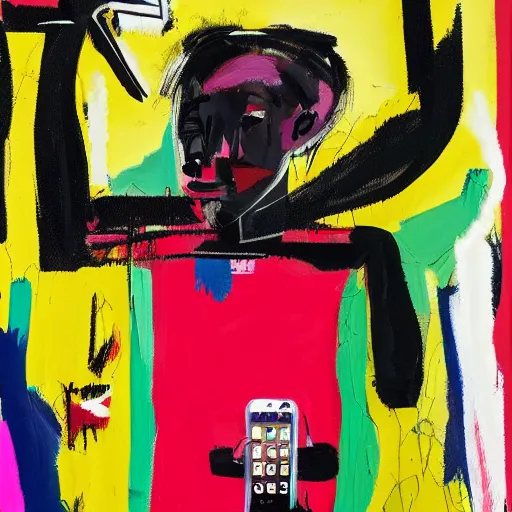 Image similar to A mirror selfie of a black handsome muscular man with white angel wings and black devil horns holding an iPhone, pitchfork, pink background, abstract jean-Michel Basquiat oil painting with thick paint strokes, oil on canvas, detailed