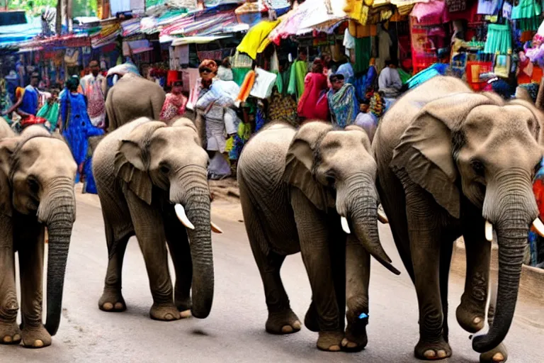 Image similar to elephants walking through an street market in India