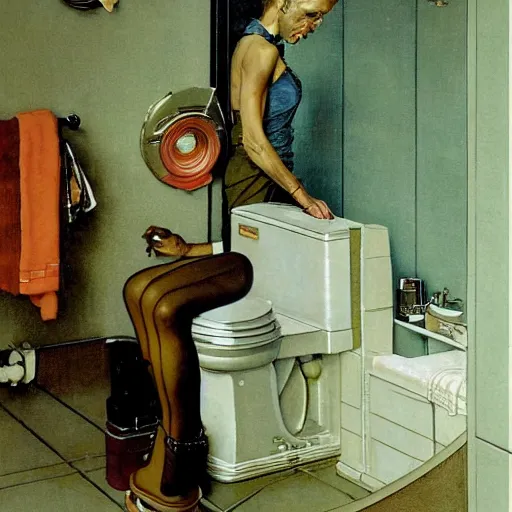 Prompt: A sci-fi woman examines the bathroom of a poor family. A painting by Norman Rockwell.