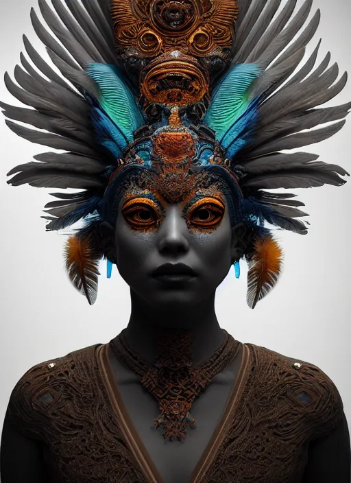 Prompt: 3 d mexican goddess medium shot portrait. beautiful intricate highly detailed quetzalcoatl helm and feathers. low - key lighting, bioluminescent, plasma, lava, ice, water, wind, creature, artwork by tooth wu and wlop and beeple and lee jeffries, 8 k trending on artstation,