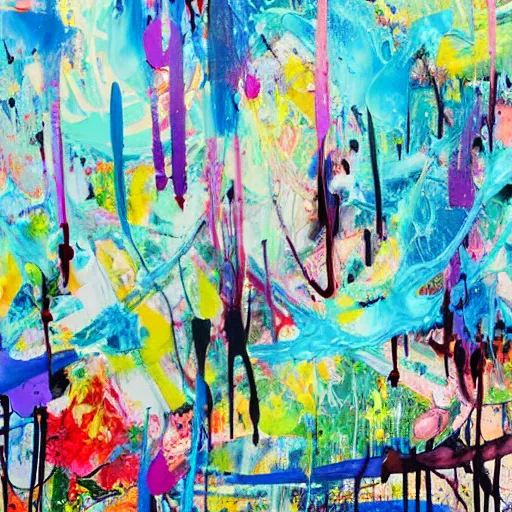 Image similar to abstract expressionist painting, paint drips, acrylic, wildstyle, clear shapes, maximalism, smeared flowers